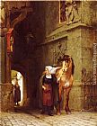Frederick Arthur Bridgman Famous Paintings - Leading the Horse from Stable